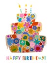 Happy birthday card with birthday cake made of different colorful flowers with candles.